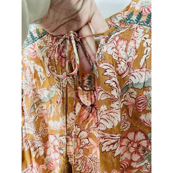 By Anthropologie Pullover Blouse XLP Sheer Floral Flowy Boho Tassels Tie Neck - Picture 3 of 12